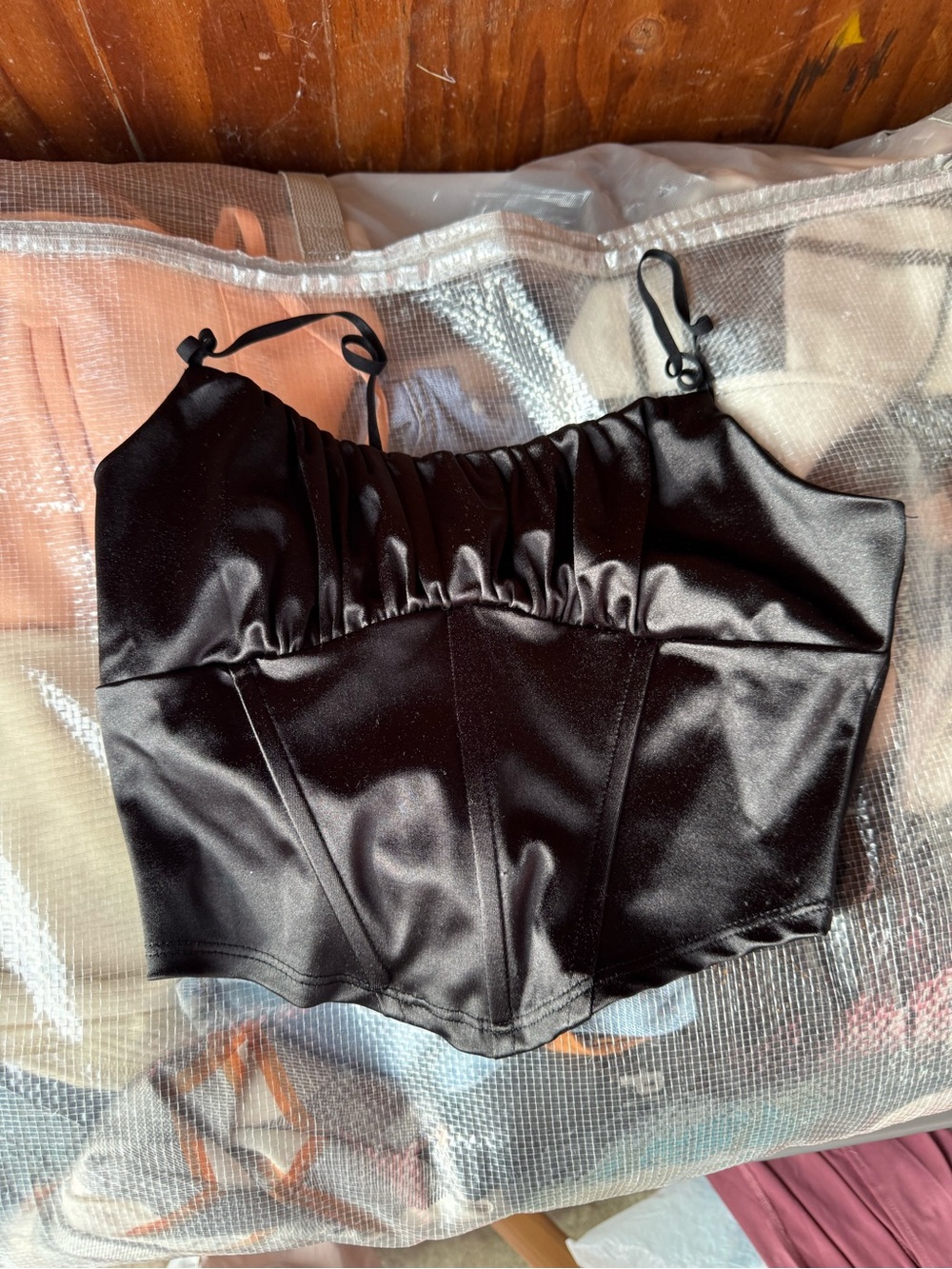 Black Satin Corset-Style Crop Top with Adjustable Straps